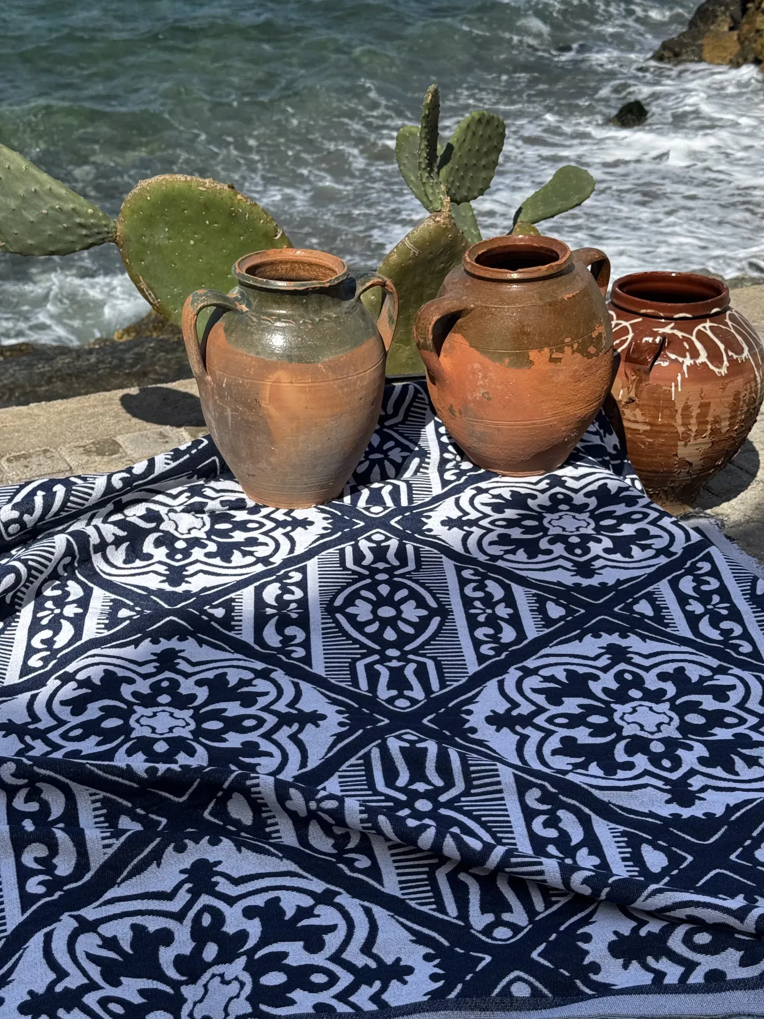 Zephyr blanket under three clay jars and a prickly pear by the sea