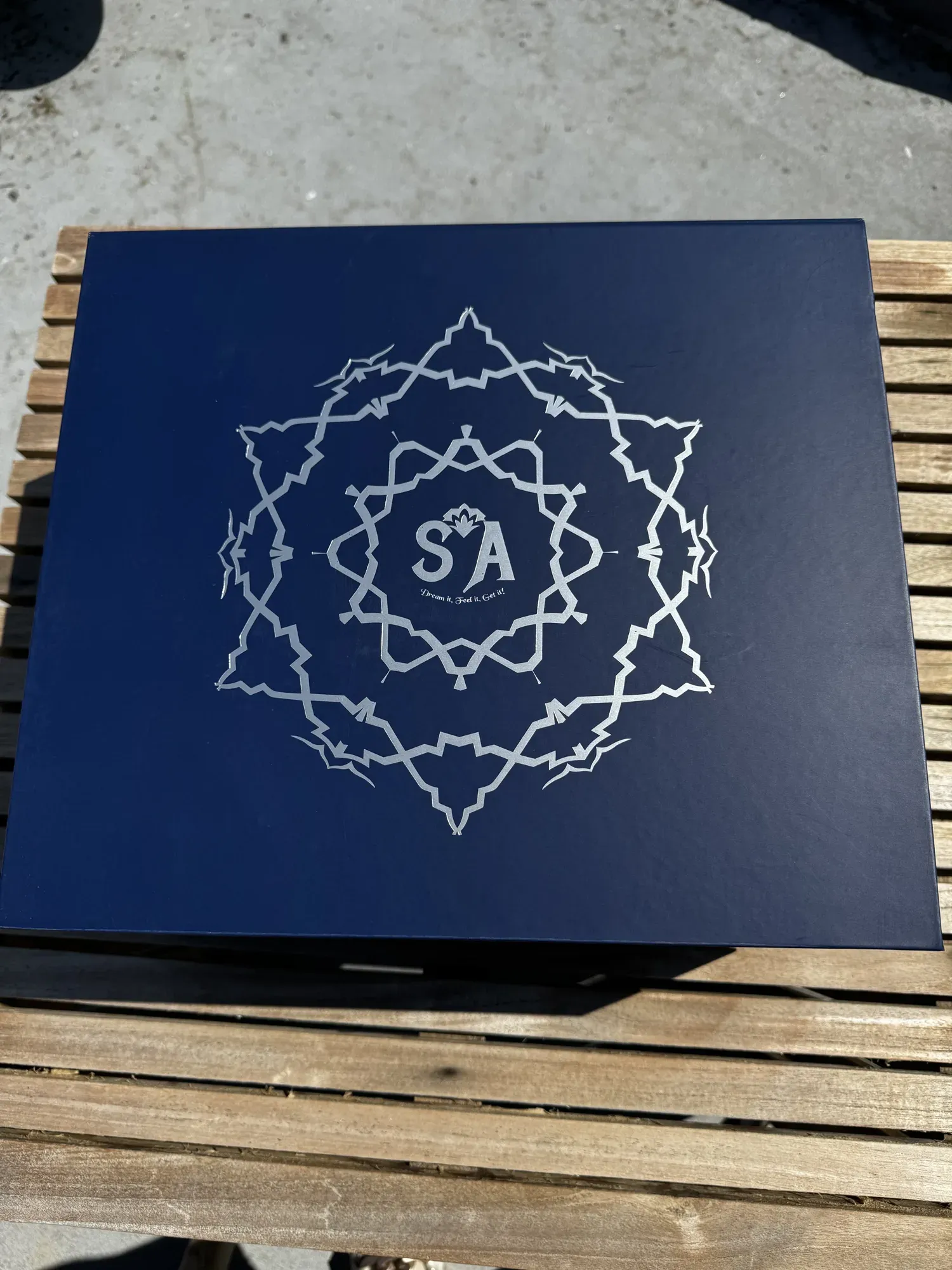 The navy keepsake box with the SA mandala in silver