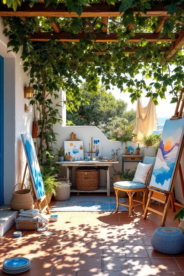 An open-air terrace studio under a vine pergola, easels and painted canvases in the sun