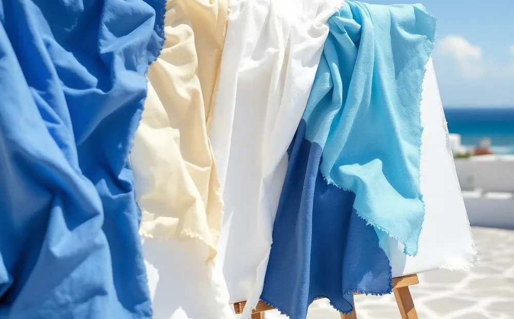 Lengths of blue, white and cream fabric hanging in the sun by the sea
