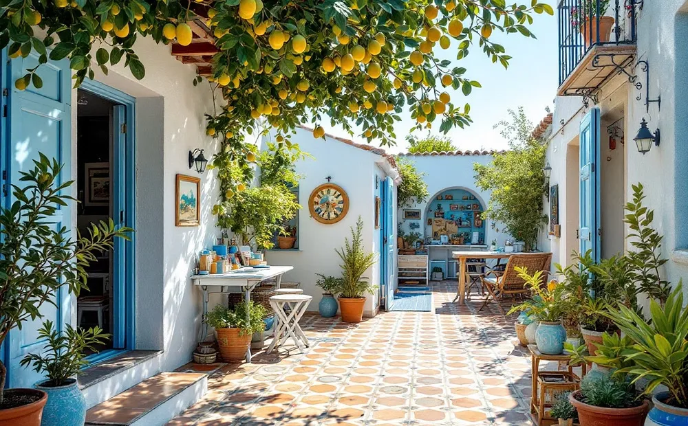 A whitewashed courtyard with blue doors, potted plants and a lemon tree