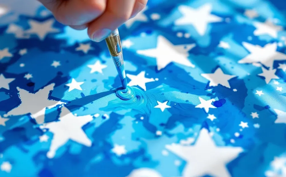 A brush adding cobalt to a painted pattern of white stars